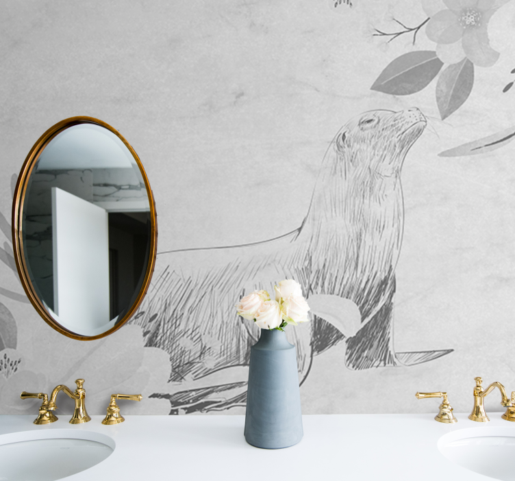 Harmaahylkeen uinti ja kukat valokuvatapetti luonto - Tenstickers