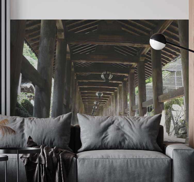 Käytävä puupylväillä 3d valokuvatapetti - Tenstickers