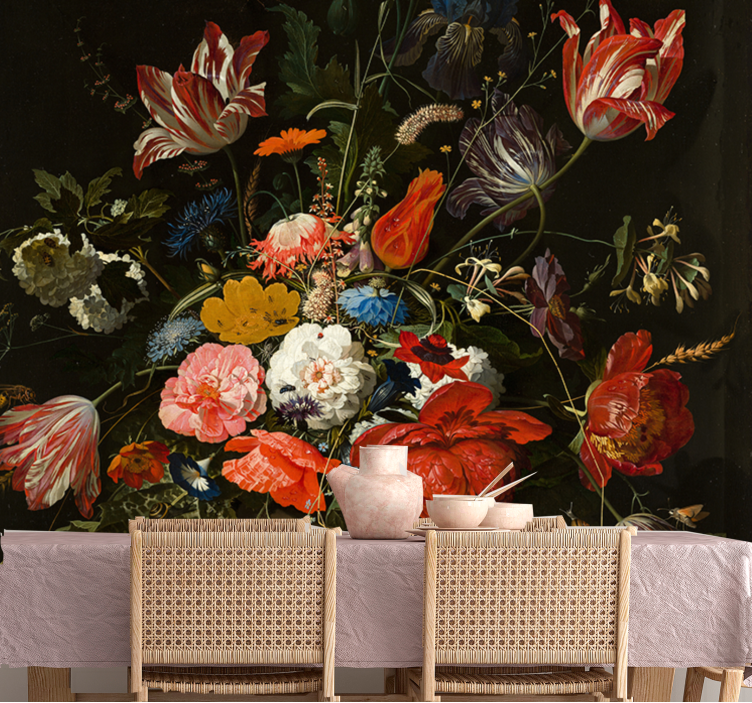 Maalaus punaisia sinisiä ja valkoisia kukkia valokuvatapetti klas - Tenstickers