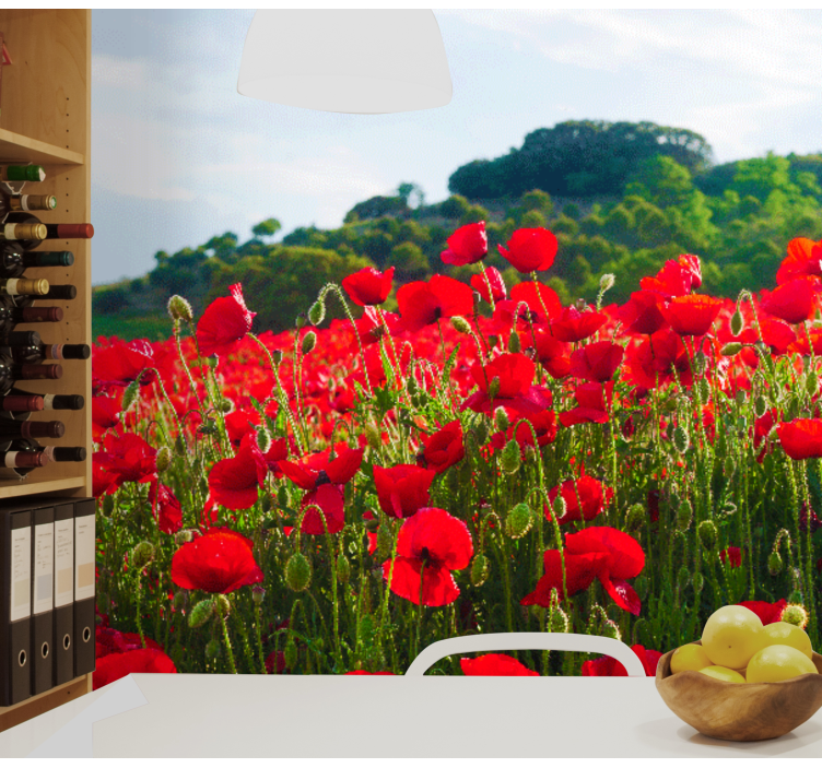 Punainen ja vihreä unikon kenttä unikko valokuvatapetti - Tenstickers