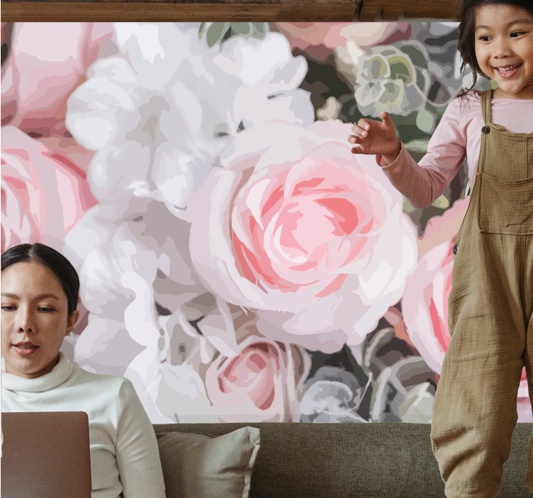 Romanttiset vaaleanpunaiset ruusut kukka valokuvatapetti - Tenstickers