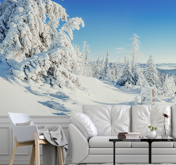 Sininen taivas ja valkoiset lumiset puut tapetti kuvalla valokuva - Tenstickers