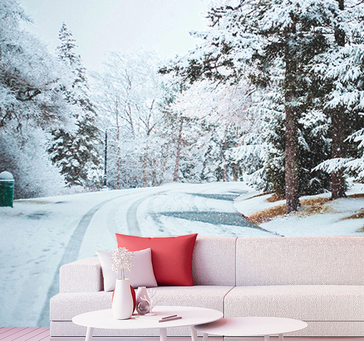 Talvitie lumipuilla tapetti kuvalla puu valokuvatapetti - Tenstickers