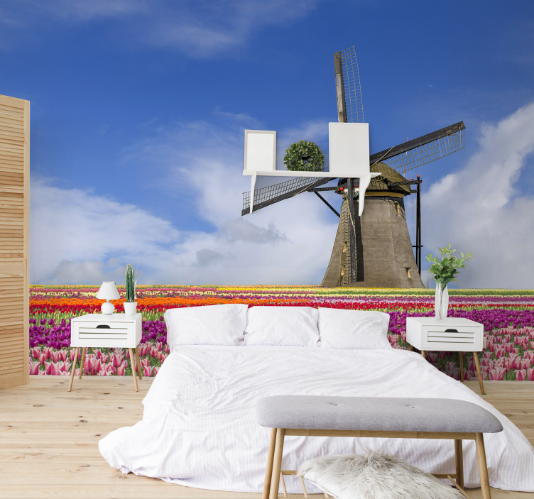 Tulppaanikenttä ja tuulimyllyn valokuvatapetti - Tenstickers