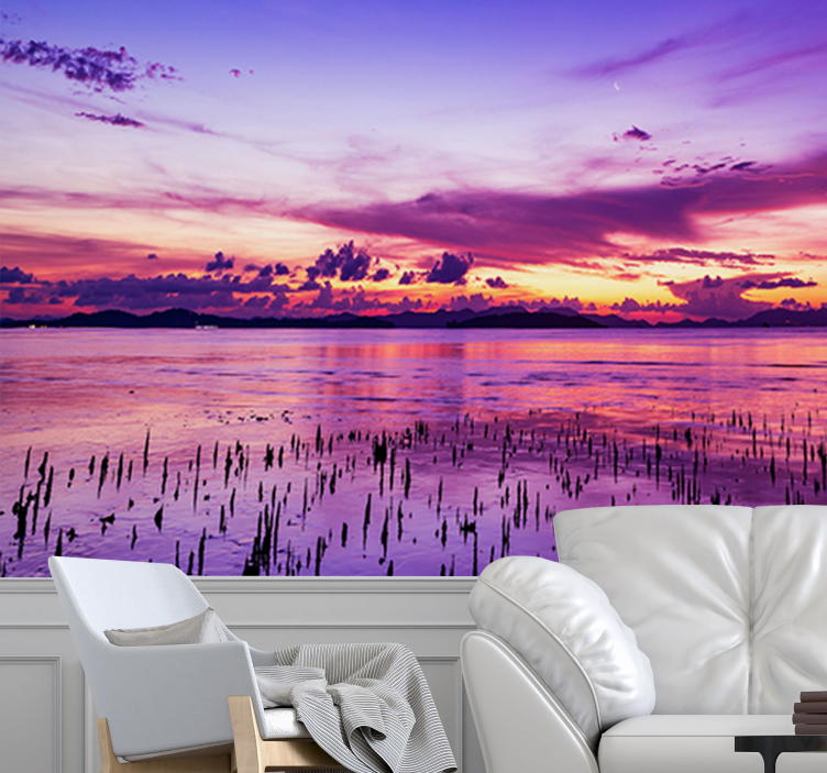 Violetti taivas heijastuu vesiseinämaalaus valokuvatapetti meri - Tenstickers
