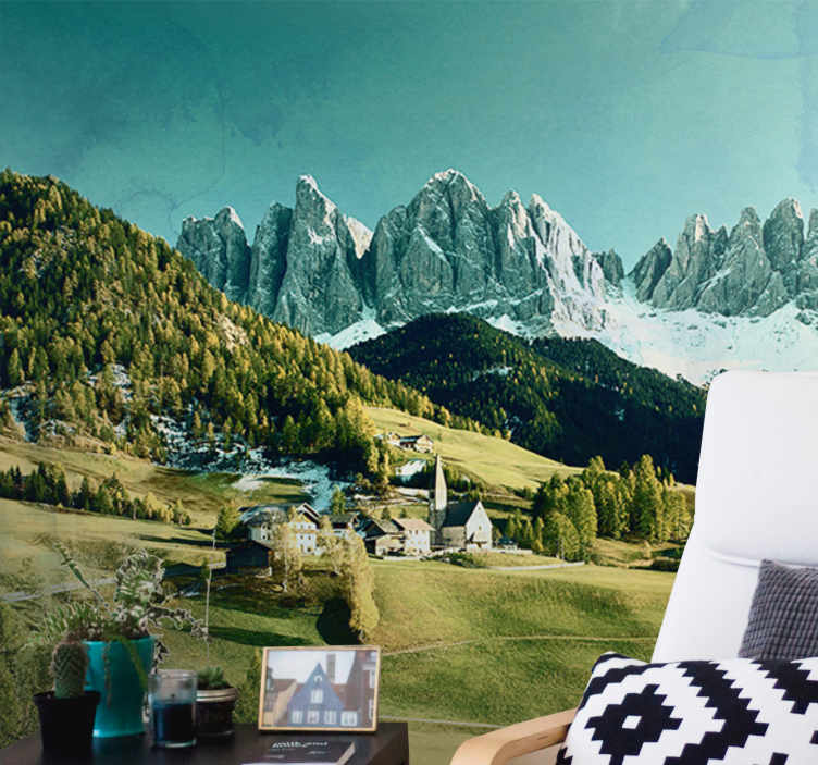 Vuoristokylän maisema valokuvatapetti - Tenstickers