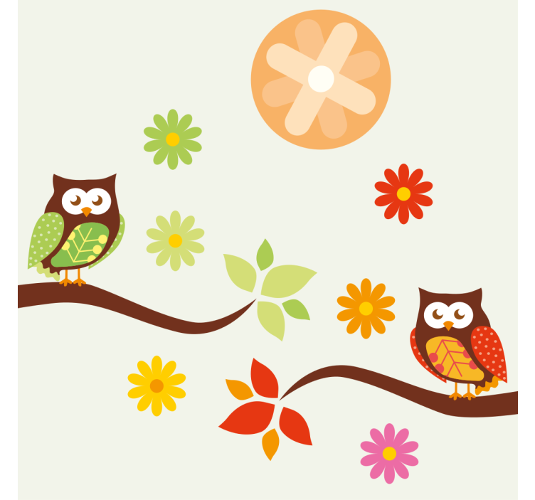 Kummajainen lasinalunen värikkäillä pöllöillä ja kukilla - Tenstickers