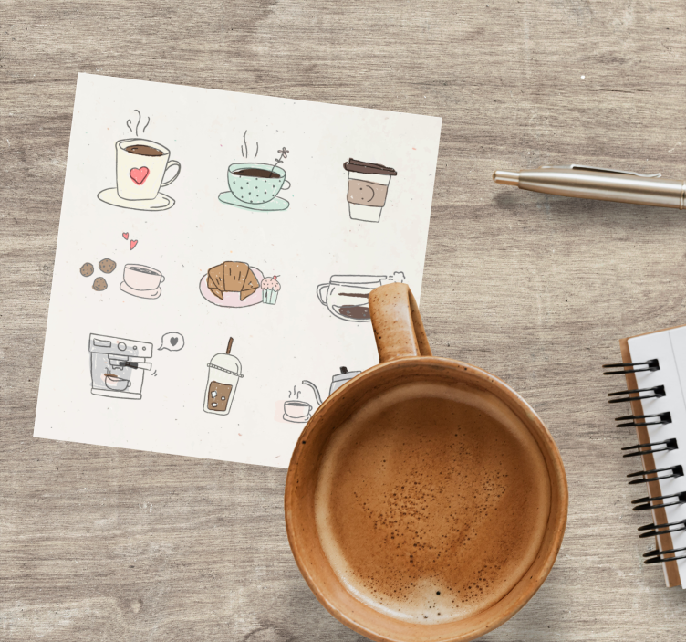 Söpö käsin piirrettyjä kahvikuvakkeita modernit lasinaluset - Tenstickers