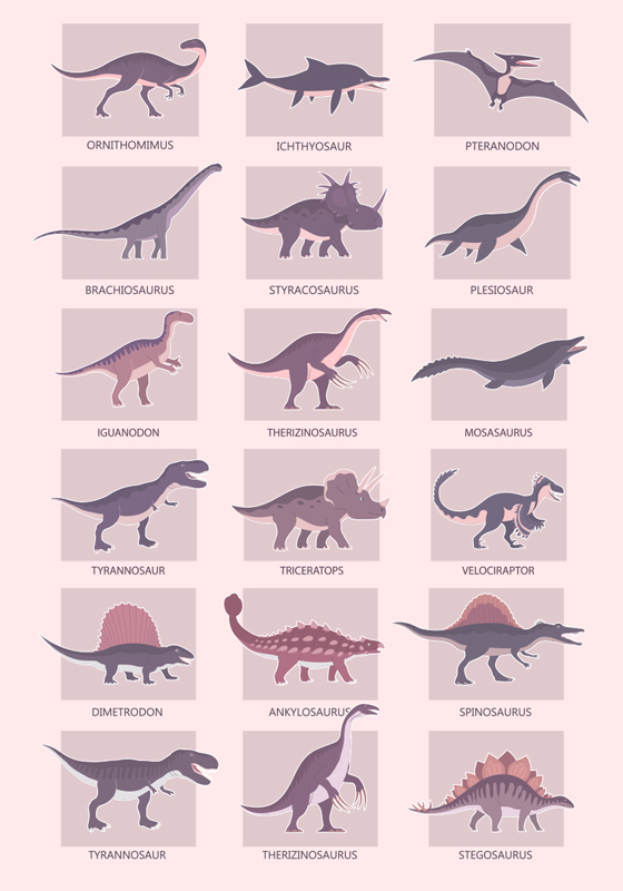 Erityyppisiä dinosaurusjuliste - Tenstickers