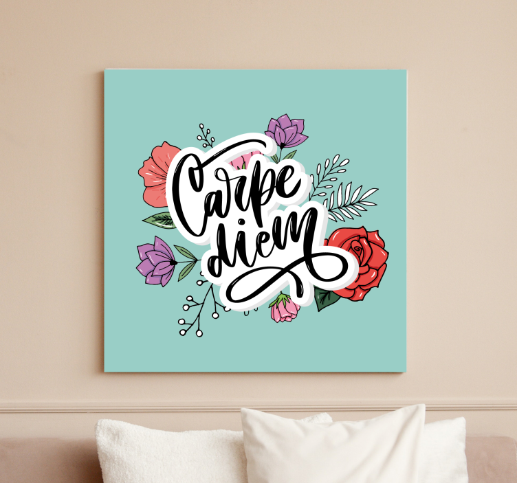 Carpe diem vaaleanpunainen kukkakuvio motivointi canvas - Tenstickers