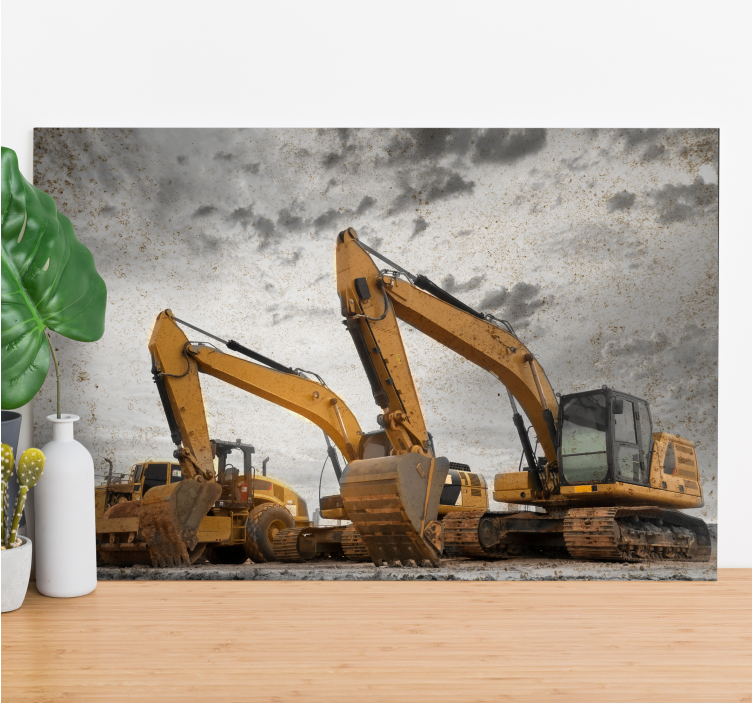 Keltainen kaivinkone harmailla kivillä ja taivaalla moderni canva - Tenstickers