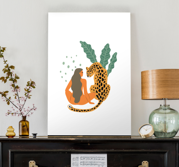 Nainen ja leopardi syleilevät hahmo canvas taulu - Tenstickers