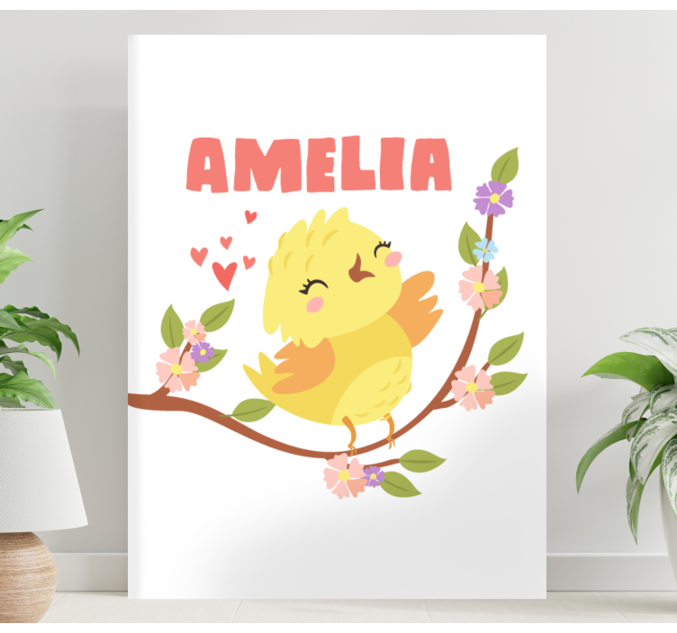 Poikasen poika nimen ja kukkien kanssa lintu canvas - Tenstickers