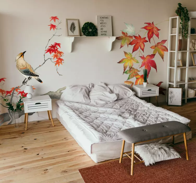 Ihana lintu oksalla punainen kukka kasvitarra - Tenstickers