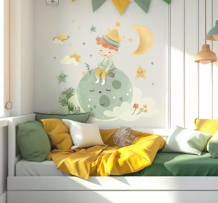 Onnellinen lapsi kuussa lastenhuone seinätarra - Tenstickers