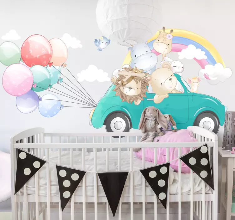Eläinseikkailuauto kuvitus seinätarra - Tenstickers