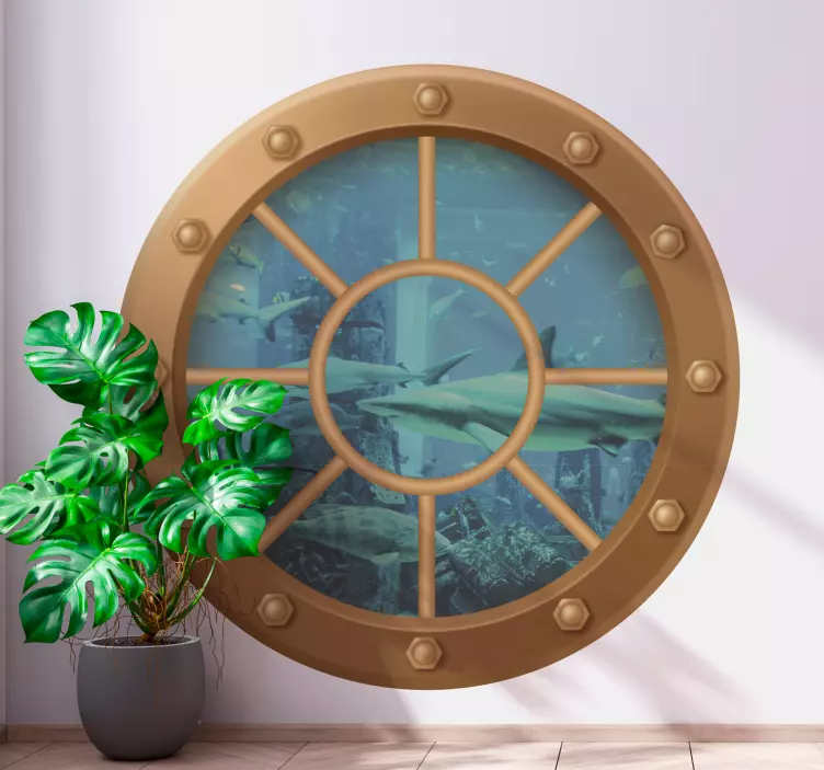 Hait uimassa sukellusveneen ikkuna 3D seinätarra - Tenstickers