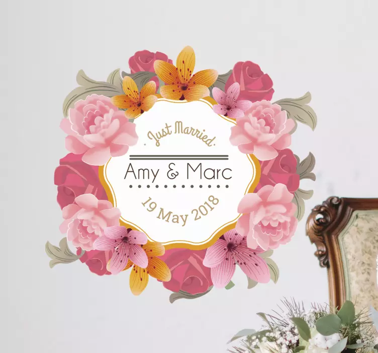 Henkilökohtainen kukkakehys häätarra - Tenstickers