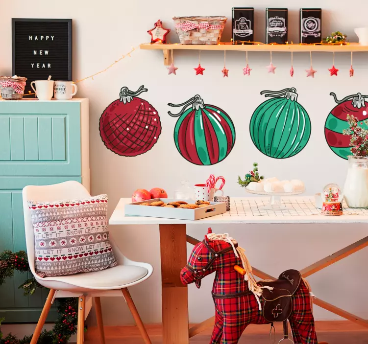 Joulunvihreä ja punainen pallosetti joulutarrat - Tenstickers