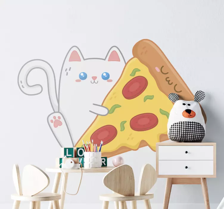 Kawaii-kissa pizzalla kuvitelma tarra - Tenstickers