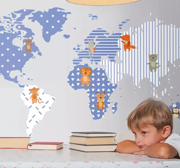 Kuvitettu eläinkartta maailmankartta seinätarra - Tenstickers