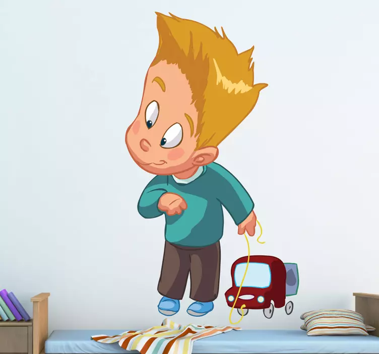 Leikkisä poika vetää lelua seinätarra lastenhuone - Tenstickers