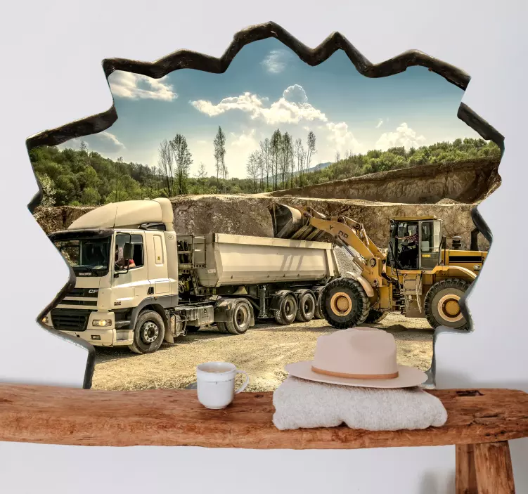 Murtunut seinä, jossa kaivinkone lataa kuorma -auton 3d tarra - Tenstickers