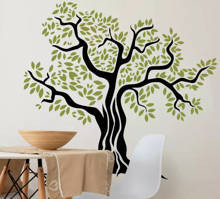 Musta oliivipuu vihreillä lehdillä sisustustarra makuuhuoneeseen - Tenstickers