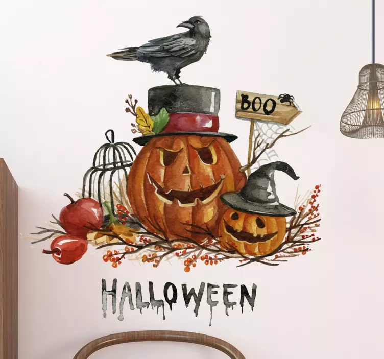 Pelottavia kurpitsoja ja harakka halloween tarra - Tenstickers