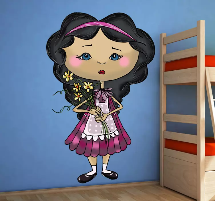 Söpö tyttö pitelee kukkia seinätarra lastenhuone - Tenstickers