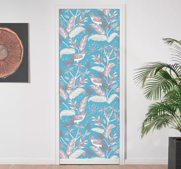 Valkoisia lintuja sinisillä ja vaaleanpunaisilla trooppisilla leh - Tenstickers