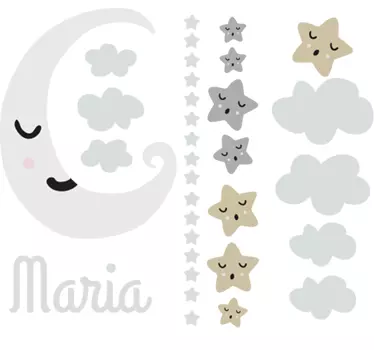 Muokattava kuu ja tähdet lasten nimi seinätarra - Tenstickers