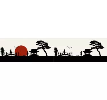 Japanilainen lintu auringolla ja puilla koristereunus seinätarra - Tenstickers