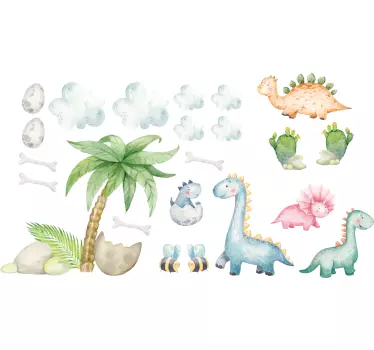 Söpöjä akvarellidinosauruksia lastenhuone seinätarra - Tenstickers
