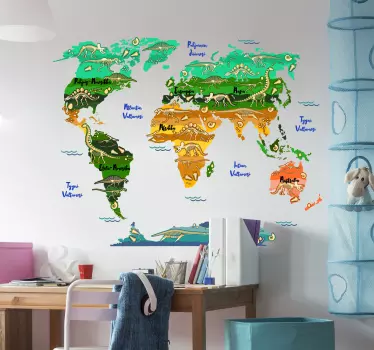 Dinosaurukset suomalaisella nimellä maailmankartta seinätarra - Tenstickers