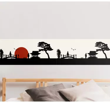Japanilainen lintu auringolla ja puilla koristereunus seinätarra - Tenstickers