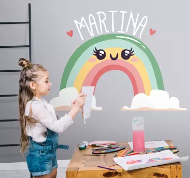Kaunis sateenkaari, jossa pilvet ja nimi lastenhuoneen seinätarra - Tenstickers