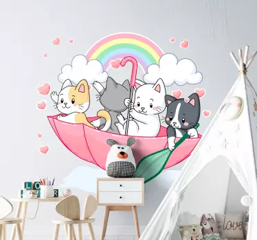 Kissanpennut ja sateenvarjo kuvitus seinätarra - Tenstickers