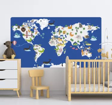 Klassinen sininen kukka-eläimistön maailmankartta seinä tarra - Tenstickers