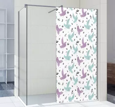 Kuva sinisistä ja violetista linnuista ja kasveista Suihkuikkunat - Tenstickers