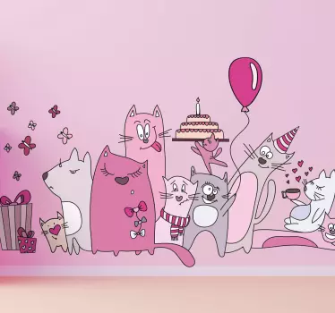 Lasten kissa vaaleanpunainen kissa juhla seinä tarra - Tenstickers