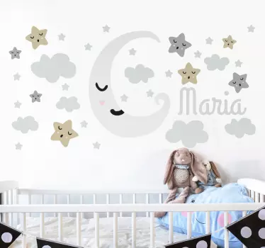 Muokattava kuu ja tähdet lasten nimi seinätarra - Tenstickers