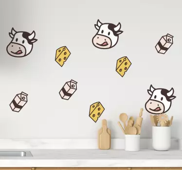 Piirrokset maidonlehmä- ja juustoruoan seinätarrasta - Tenstickers