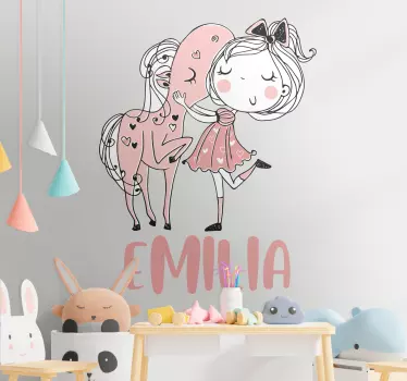 Prinsessa vaaleanpunaisella mekolla ja hevosella kuvitus seinätar - Tenstickers