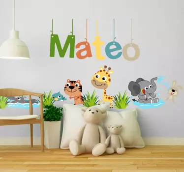 Räätälöitävä nimi viidakon eläimet teksti seinä tarra - Tenstickers