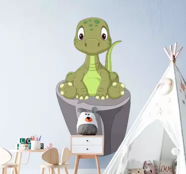 Söpö dinosaurus kivellä Dinosaurustarra - Tenstickers