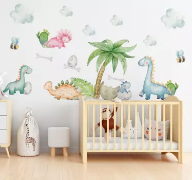 Söpöjä akvarellidinosauruksia lastenhuone seinätarra - Tenstickers