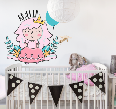 Vaaleanpunainen keiju prinsessa ilmapalloilla lastenhuoneen seinä - Tenstickers