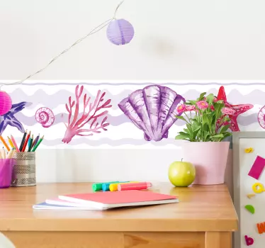 Violetti simpukka ja meritähti koristereunus seinätarra - Tenstickers