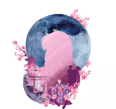 Kuutamoisen kirsikankukan siluetti t-paita - Tenstickers